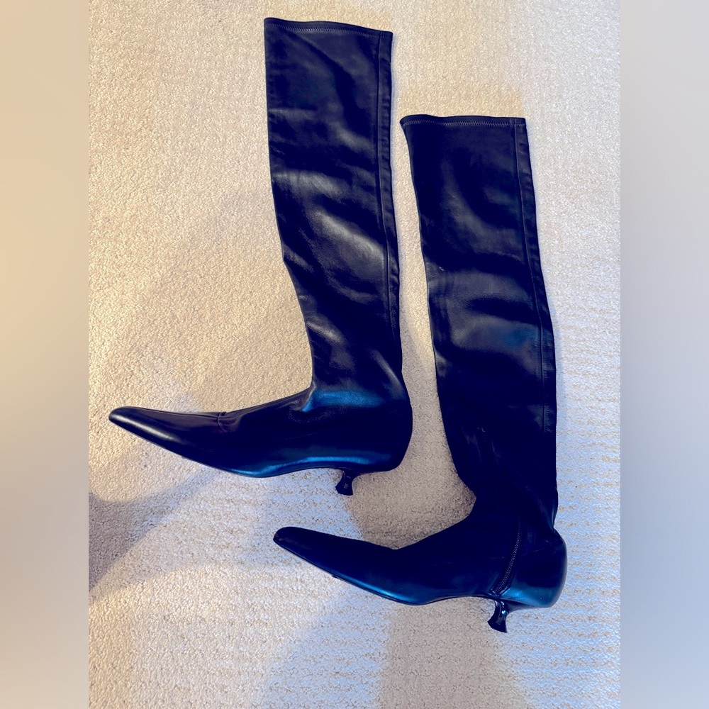 KHAITE Volos black stretch leather over the knee kitten pointed toe heel boots